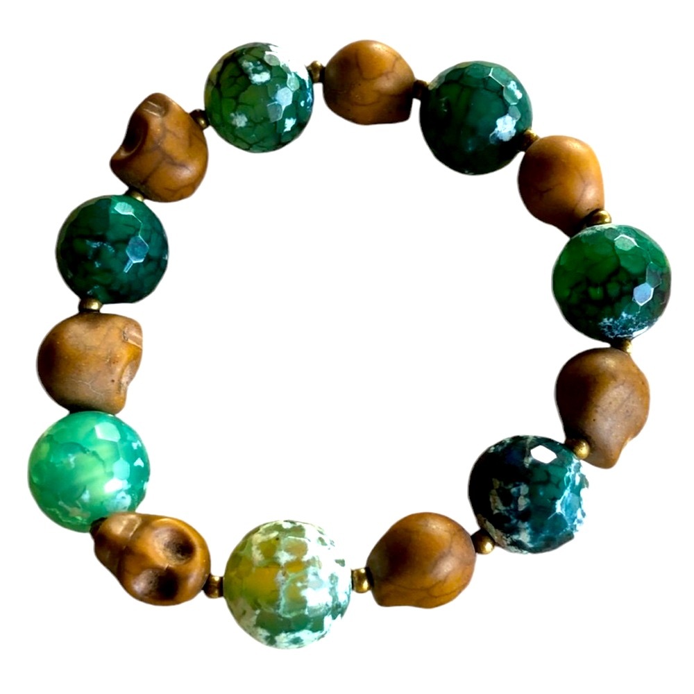 Brown Howlite Skull and Green Agate Bracelet